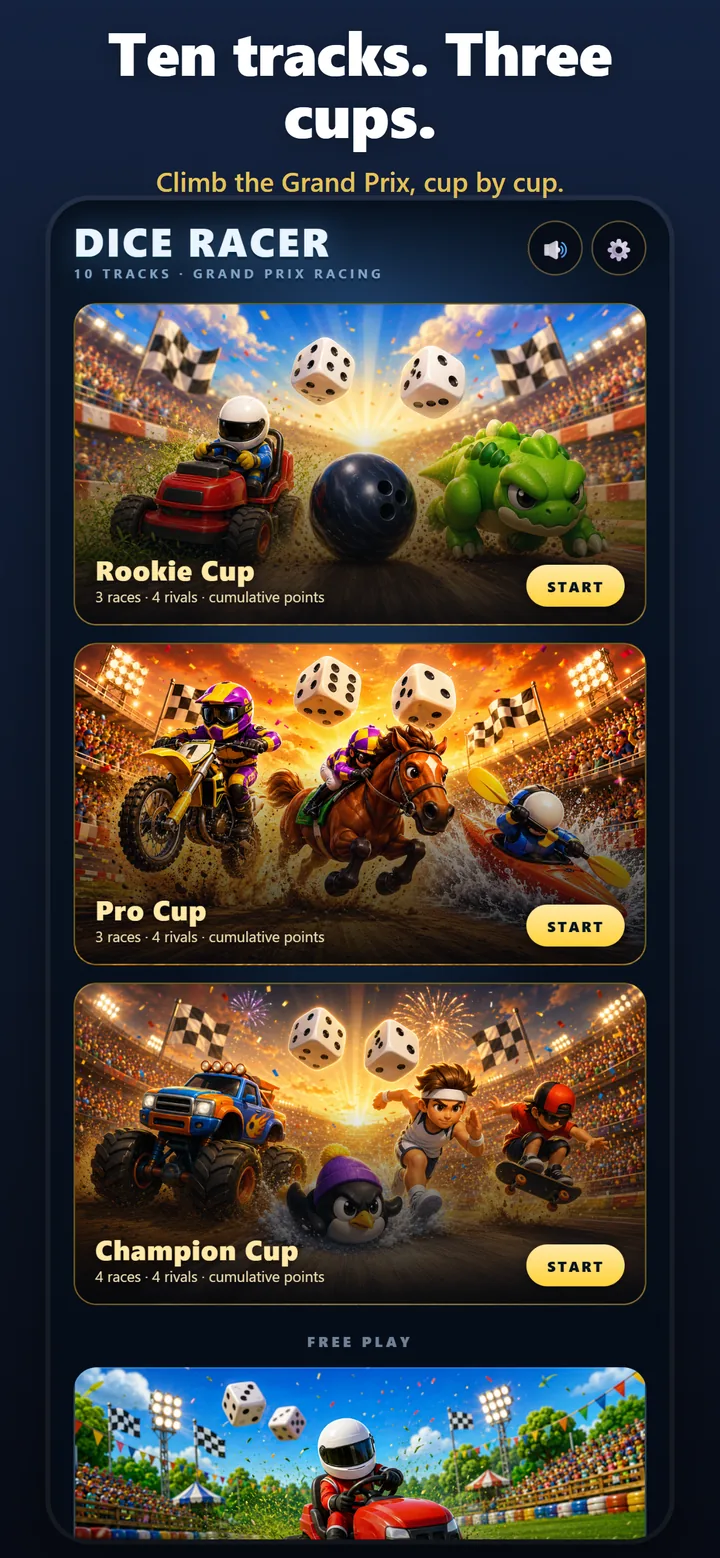 Grand Prix home — pick a cup or jump into any track